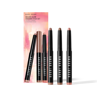 Golden Glow Shadow Stick Set, Blushing Peach - גוון שמפניה אפרסקי בהיר וקורן. Golden Bronze - גוון ברונזה מוזהב עמוק ומתקתק. Taupe - חום אפרפר חמים בטון בינוני., 1.6 גרם + 1.6 גרם + 1.6 גרם
